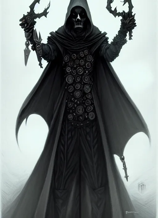 Image similar to pencil sketch of the necromancer, wearing a black cloak, by peter mohrbacher, hyper detailed, crisp