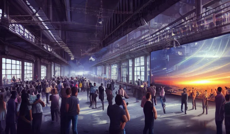 Prompt: crowd of people in walled warehouse, looking at hologram of futuristic city on a table, cinematic concept art, godrays, golden hour, natural sunlight, 4 k, clear details, tabletop model buildings, center model buildings, hologram center, crane shot, crane shot, crane shot