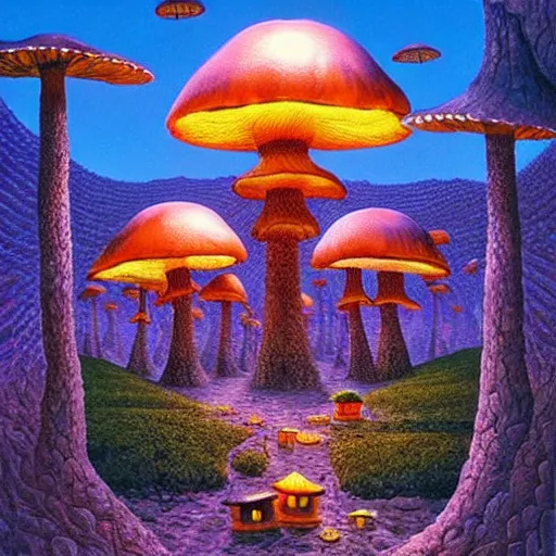 Prompt: glowing mushroom village, art by ricardo bofill, james christensen, rob gonsalves, paul lehr, and tim white