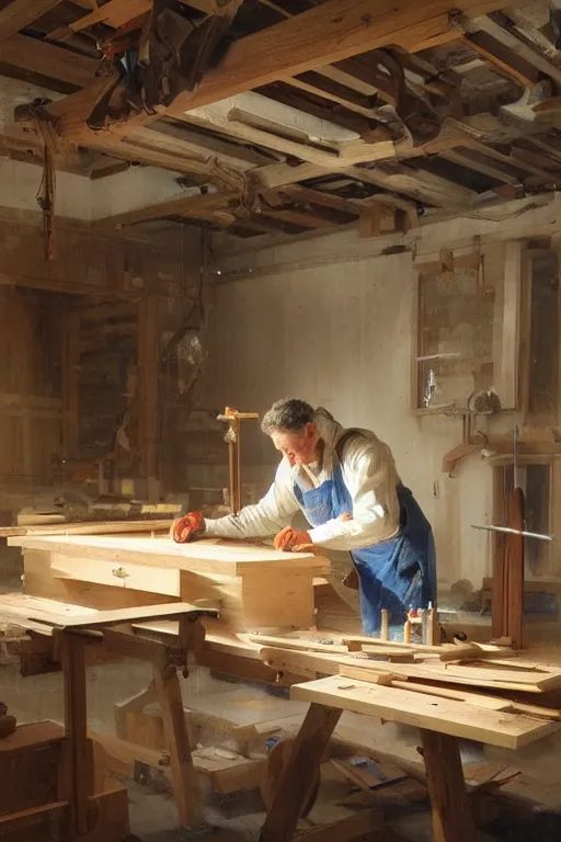 Image similar to simple craftsman fine woodworker building a wooden table in their well lit clean open workshop, thomas lawrence, greg rutkowski