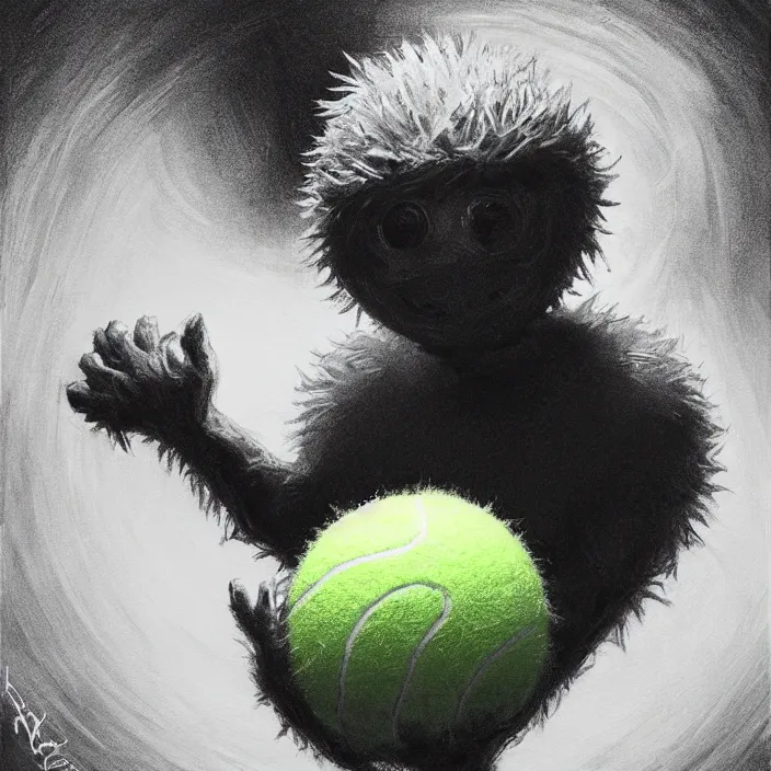 Prompt: cinematic portrait of a cute tennis ball monster in the abyss of space, chalk, masterpiece, trending on artstation, featured on pixiv, cinematic composition, dramatic pose, beautiful lighting, sharp details, hyper - detailed, hd, hdr, 4 k, 8 k, art by basil gogos