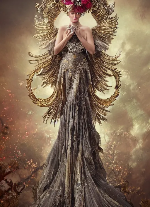 Image similar to expressive full body photo of an angel, ornate headpiece made from flowers, ornaments, glamour shot, by karol bak, by stefan gesell, photorealistic, canon r 3, fashion photography, hyper maximalist, elegant, ornate, luxury, elite, environmental portrait, symmetrical features, octane render, unreal engine, solid dark grey background, dramatic lights