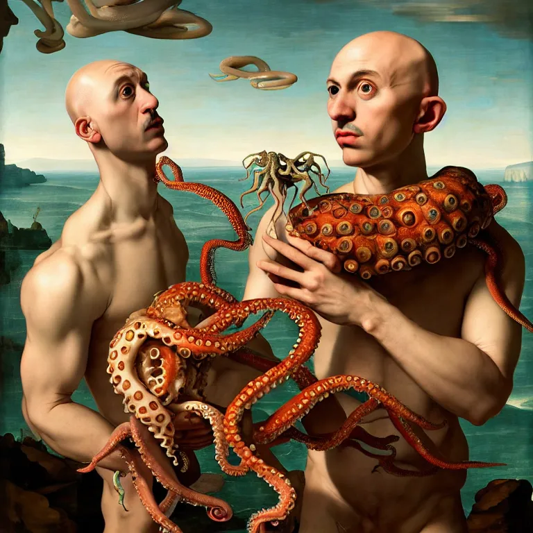 Image similar to young bald man wearing exoskeleton, standing in a shell, holding a squid, octopus, sea in the background, beautiful baroque portrait painting, psychedelic, trippy, hallucination, dream, beautiful detailed intricate insanely detailed octane render trending on Artstation, 8K artistic photography, photorealistic, chiaroscuro, Raphael, Caravaggio