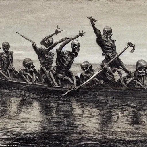 Prompt: action scene : an army of skeletons rising from the warter, climbiong on top of a rowing boat on which two suited gentleman stand. one of the gentleman raises his arm, channeling a blinging light, by alfred stevens, charcoal