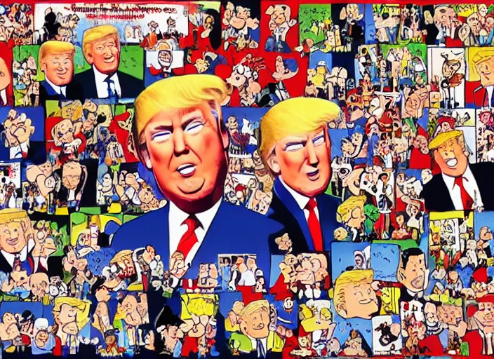 Image similar to donald trump, a jigsaw puzzle by charles schulz, behance contest winner, naive art, official art, colorized, digitally enhanced