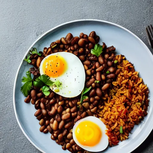 Prompt: A delicious plate of beans and rice, egg, garnish, food photography, michilin star