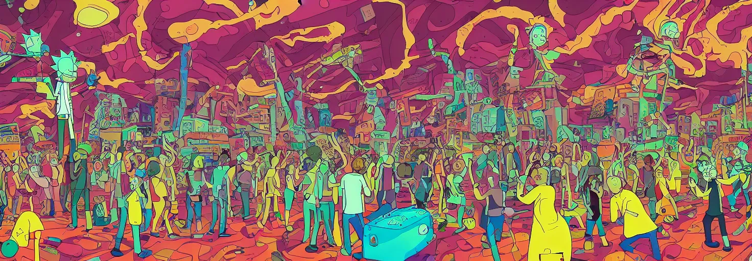 Prompt: Rick and Morty surrealism, psychedelic colorful graffiti on brick buildings on a city street , lots of people, ultra detailed, vintage poster illustration, fine lines
