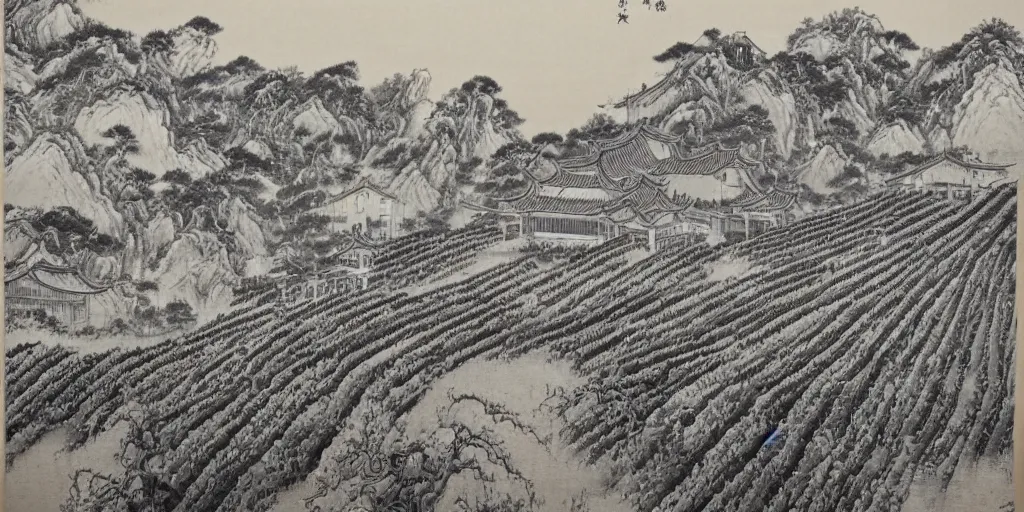 Prompt: A Chinese ink painting of winery. The vineyards are sprawling and green, with a river winding through them. In the distance, there are mountains. by zhang zeduan, mi fu, painting on silk, immaculate scale, hyper-realistic, trending on Artstation, 8k, detailed, atmospheric, immaculate