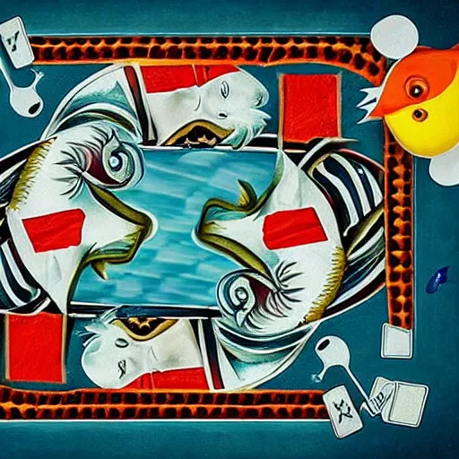 Image similar to two fishes sitting at a table playing cards at the bottom of the sea, the table has a checkered table cloth, lowbrow surrealistic, in the style of mark ryden,