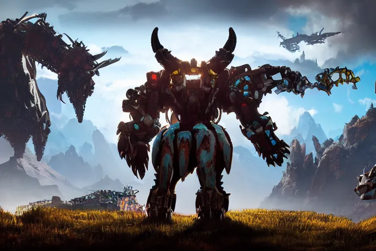 Image similar to grimhorn fanghorn machine mecha animal beast robot of horizon forbidden west horizon zero dawn bioluminiscence global illumination ray tracing hdr fanart arstation by sung choi and eric pfeiffer and gabriel garza and casper konefal