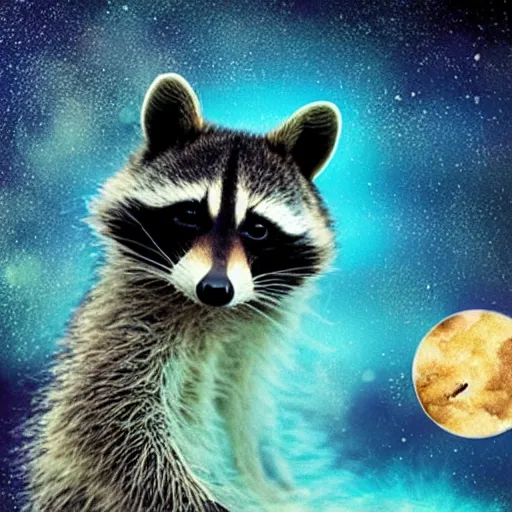 Image similar to confused raccoon floating through the cosmos, poorly photoshopped,