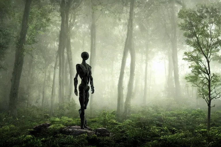 Prompt: a complex organic fractal 3 d ceramic humanoid floating in a lush forest, foggy, cinematic shot, photo still from movie by denis villeneuve