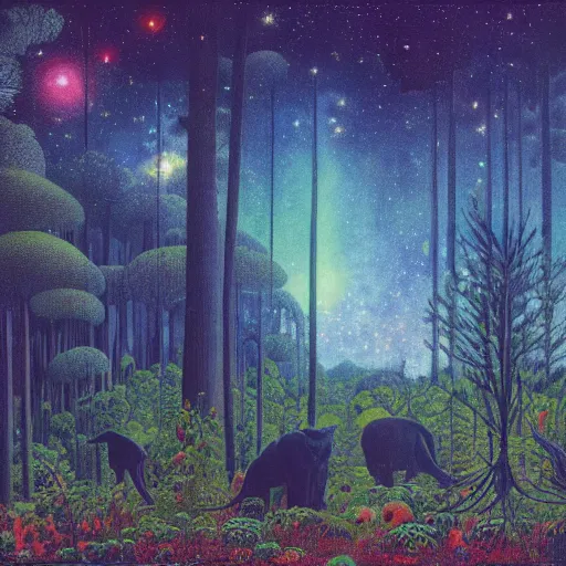 Image similar to psychedelic big cats lush pine forest, outer space, milky way, designed by arnold bocklin, jules bastien - lepage, tarsila do amaral, wayne barlowe and gustave baumann, cheval michael, trending on artstation, star, sharp focus, colorful refracted sparkles and lines, soft light, 8 k 4 k