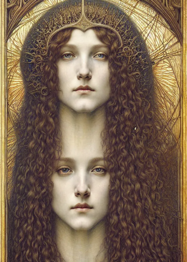 Image similar to detailed realistic beautiful young medieval queen face portrait by jean delville, gustave dore and marco mazzoni, art nouveau, symbolist, visionary, gothic, pre - raphaelite. horizontal symmetry