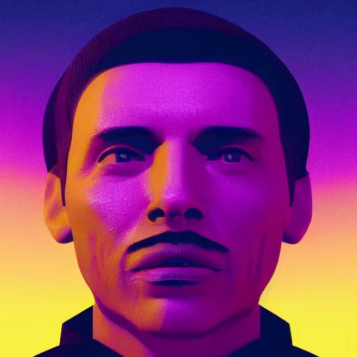 Prompt: a man's head is shown with a purple background, an album cover by beeple, cgsociety, cubo - futurism, darksynth, parallax, rendered in cinema 4 d,