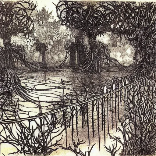 Image similar to fantastic underwater world, environment, building, faerie magic, cast iron fence, thorns, briarwood, overgrown, by Arthur Rackham,full colour, extremely detailed