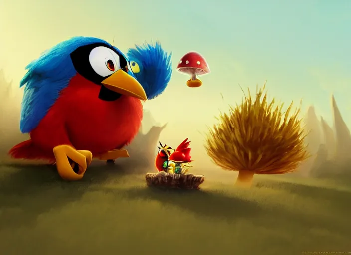 Image similar to angry bird sitting eating magic mushroom, golden hour, fantasy, sharp focus, digital art, hyper realistic, 4 k, unreal engine, highly detailed, hd, dramatic lighting by brom, trending on artstation