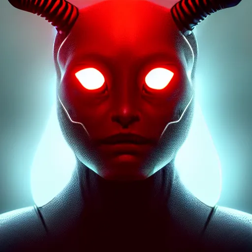 Image similar to portrait of realistic alien with horns. red eyes, human eyes, background flames, sci - fi, tech wear, volumetric lighting, intricate, elegant, highly detailed, digital painting, artstation, concept art, film noir - h 7 0 4