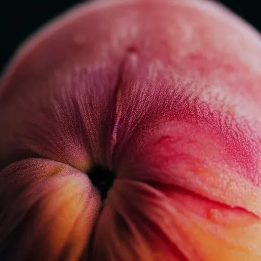 Image similar to a macro photo of a round peach's dry hairy skin, hyper realistic, hyper detailed, 35mm, very grainy film, pink volumetric studio lighting, bokeh, black background award winning shot, vogue magazine, cinematic, 8k, very closeup, elegant, tender, pastel