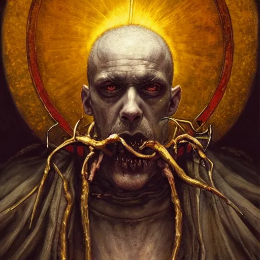 Image similar to a painting of a portrait of the high pontifex of pain with a halo on his head, golden halo, a detailed painting by santiago caruso, official art by greg rutkowski, a character portrait by seb mckinnon,, gothic art, apocalypse art, antichrist, grotesque, elder, skin, gouache, sinew, artstation