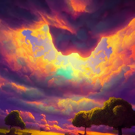 Image similar to puffy clouds, drew struzan style, vfx art, unreal engine render, claymation style, colourful, volumetric light, digital painting, digital illustration, dramatic light,