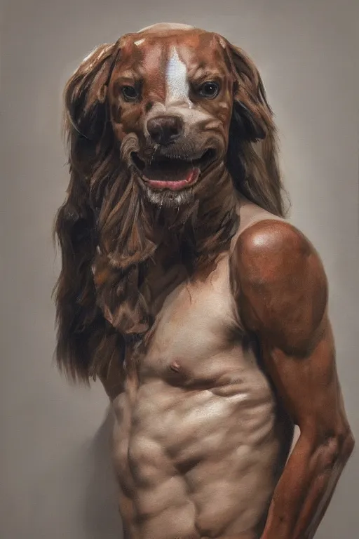 Prompt: Slavic dog head man, beautiful torso oil painting, hyperrealism, beautiful, high resolution, trending on artstation,