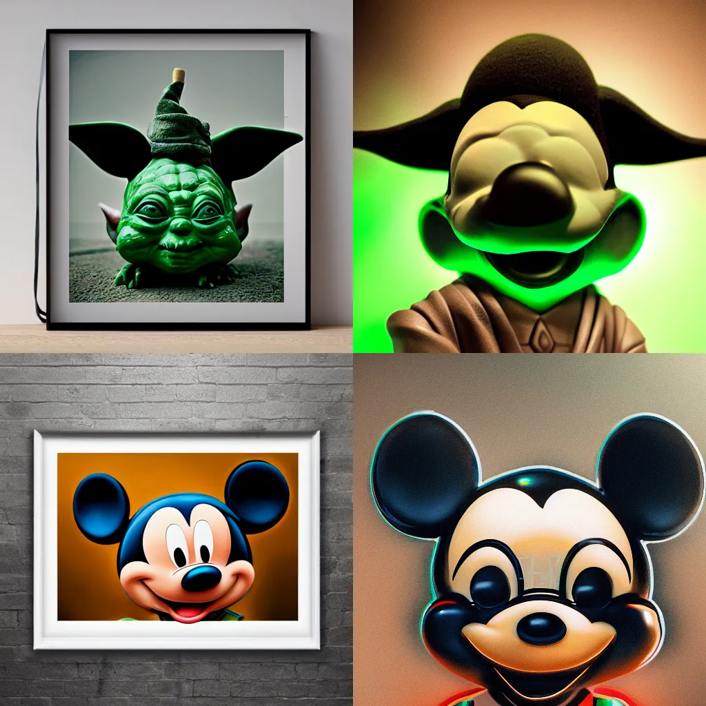 Prompt: mickey mouse yoda, photo, 50mm portrait, realistic, cinematic lighting