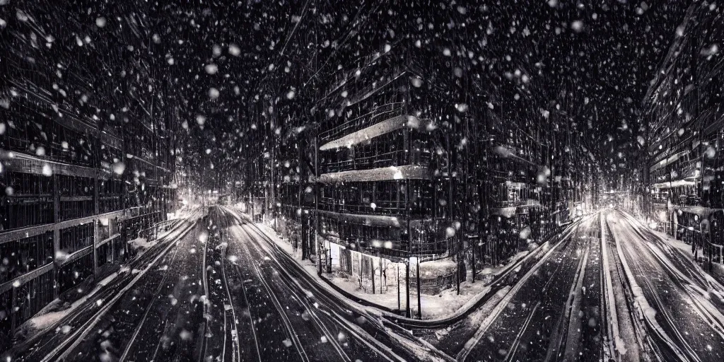 Image similar to a city street at night, snowing, photograph, cyberpunk, sharp focus, intricate detail, Desolate, drone shot, high resolution, 8K