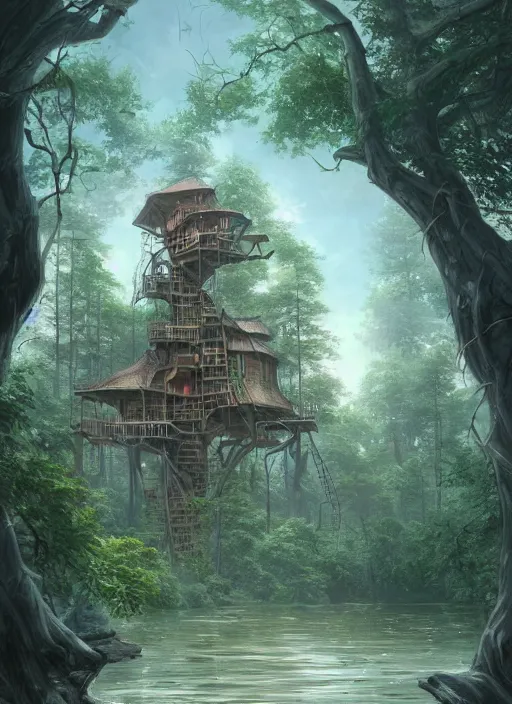 Prompt: A beautiful digital painting of an enormous treehouse, crystal lake by Stanley Artgerm Lau, Rossdraws, James Jean, gerald brom, Andrei Riabovitchev, Marc Simonetti, and Sakimichan, trending on artstation