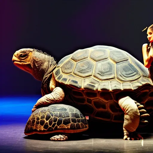 Image similar to ariana grande riding a giant tortoise on concert stage, 8 k resolution, cinematic lighting, anatomically correct