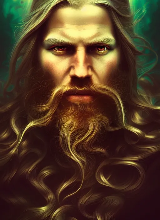 Image similar to overlord, psychedelic flowing hair, viking, portrait, highly detailed, deep focus, elegant, digital painting, smooth, sharp focus, illustration, ultra realistic, 8 k, art by wlop