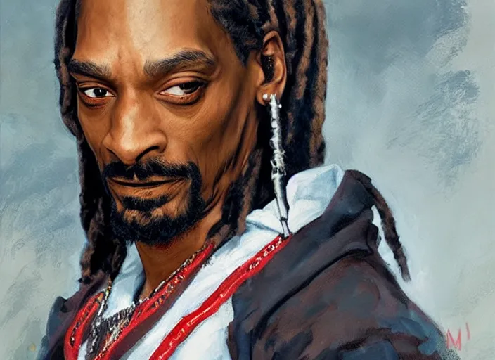 Image similar to a highly detailed beautiful portrait of snoop dogg as kratos, by gregory manchess, james gurney, james jean