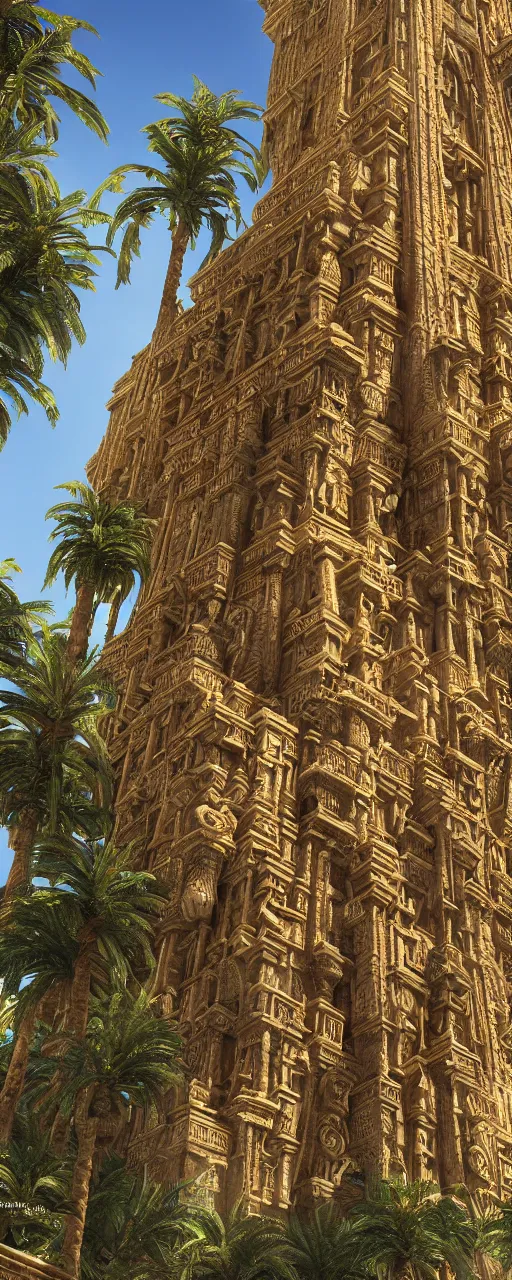 Image similar to photorealistic eye level babylon tower, golden intricate details, stone facade, sacred ancient architecture, hanging gardens, cascading highrise, arid mountains with lush palm forest, sunlight, post - production, octane, cgi, sfx