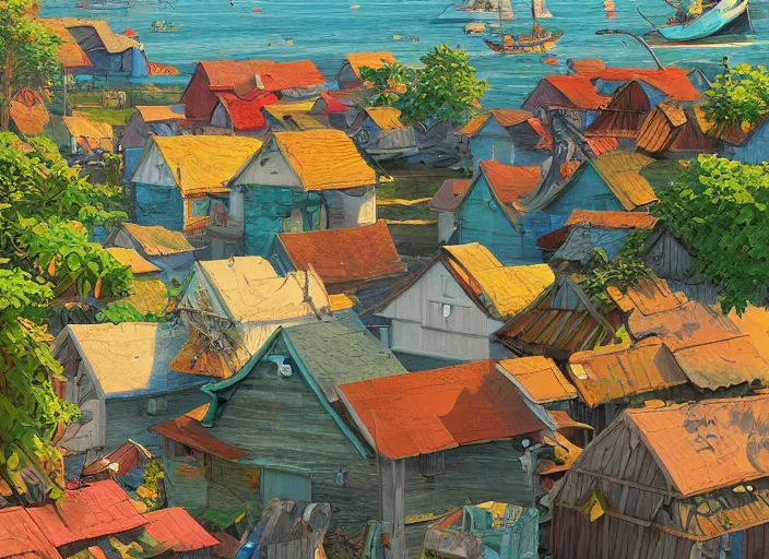 Prompt: fishing village, sipadan, summer morning, very coherent and colorful high contrast, art by gediminas pranckevicius, geof darrow, makoto shinkai, dark shadows, hard lighting
