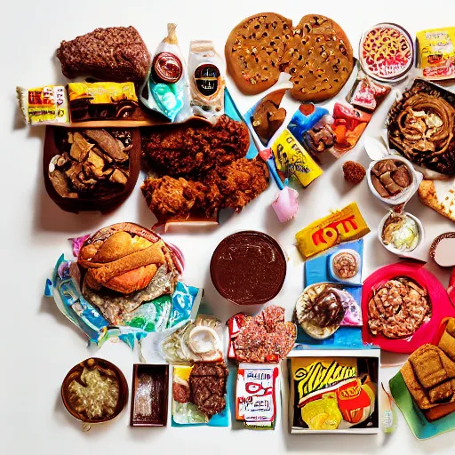 Prompt: a high resolution still life photograph of a very very large table covered in different kinds of junk food : hamburgers, fried chicken, ice cream, brownies, chips, candy, pizza, burritos, pancakes. gastronomica magazine, diffuse studio lighting, kodak portra, f 2. 8