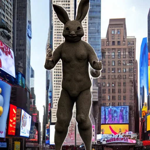 Image similar to a realistic clay sculpture of a funny bunny made by michelangelo, standing in times square, 3 d render, hyper detailed, sharp focus, 8 k resolution