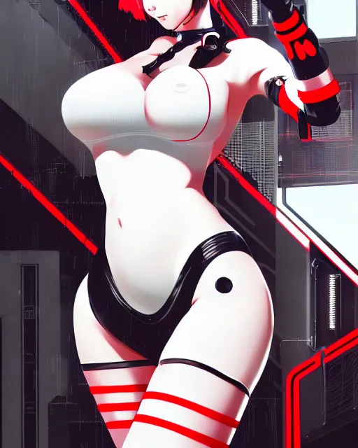 Image similar to a detailed potrait of a cyberpunk cyborg girl with black and red parts, white stockings, white swimsuit, perfect face, realistic shaded perfect face, detailed. night setting. very anime style. realistic shaded lighting poster by ilya kuvshinov katsuhiro, unreal engine, global illumination, radiant light, detailed and intricate environment, full length and white stockings