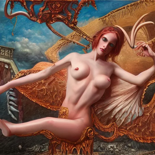 Image similar to succubus, correct female anatomy, extremely detailed oil painting, highly detailed, abstract, 1 9 2 0's colored pencil art style, deep aesthetic, 8 k, highly ornate intricate details, cinematic lighting, rich colors, digital artwork, beautiful scenic view, ray tracing, hyperrealistic, photorealistic, cinematic landscape, trending on artstation, concept art,