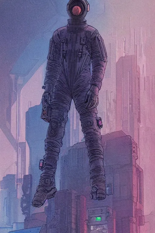 Image similar to Among Us Crewmate. Spaceman. cyberpunk. Blade Runner 2049. concept art by James Gurney and Mœbius.