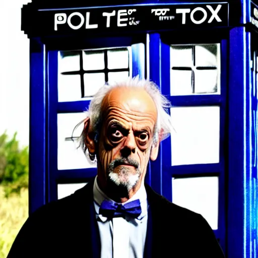 Prompt: christopher lloyd as doctor who in front of tardis, directed by christopher nolan