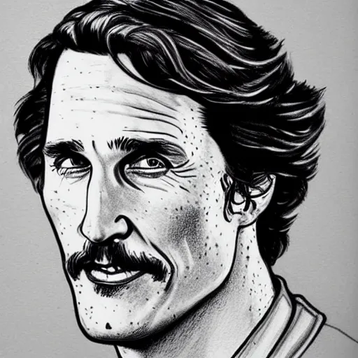 Image similar to a portrait drawing of Mathew McConaughey drawn by Robert Crumb