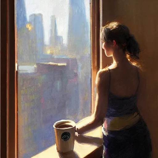 Image similar to “ a girl holding a cup of coffee looking out a window overlooking the east village in new york city, morning light, by daniel gerhartz ”