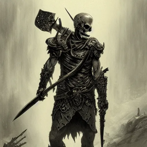 Prompt: undead warrior wearing a skull mask and wielding a battle axe, engraving, concept art, elden ring, illustration, dark fantasy, smooth, artgem, by gustave dore and greg rutkowski