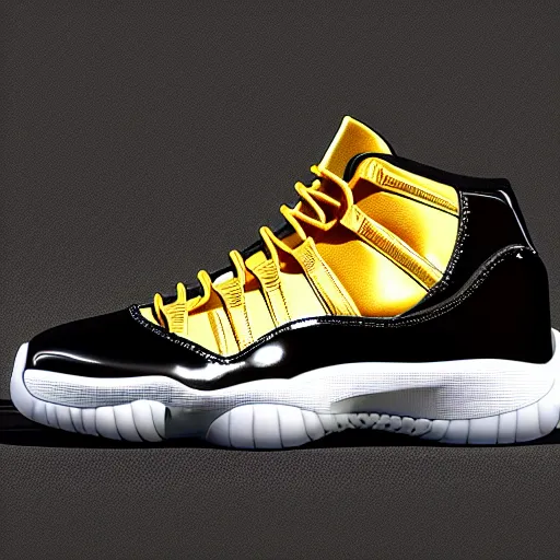 Image similar to jordan 1 1 sneakers. black and gold, bright, colorful, glossy, 3 d, arnold render, vray render, artstation, 4 k, very detailed, post processing