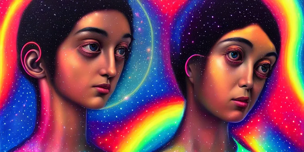 Image similar to patron saint of 🛸🌈👩🏾, futuristic iridescent clothing, wormhole, nebula, black hole, aries constellation, multiverse, neon god of city character portrait, in the style of margaret keane, moebius, tom bagshaw, and waterhouse, cinematic lighting, beautiful, elegant, oil painting,