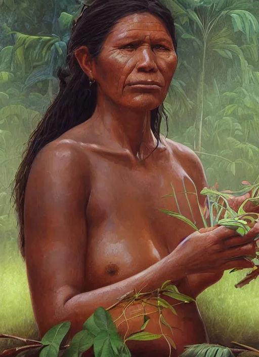 Image similar to a beautiful close up portrait of an indigenous woman preparing plant medicines in the jungle, highly detailed, art by christophe vacher