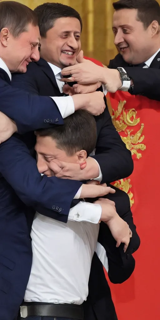 Image similar to Vladimir Putin gives Volodymyr Zelenskyy a great big hug