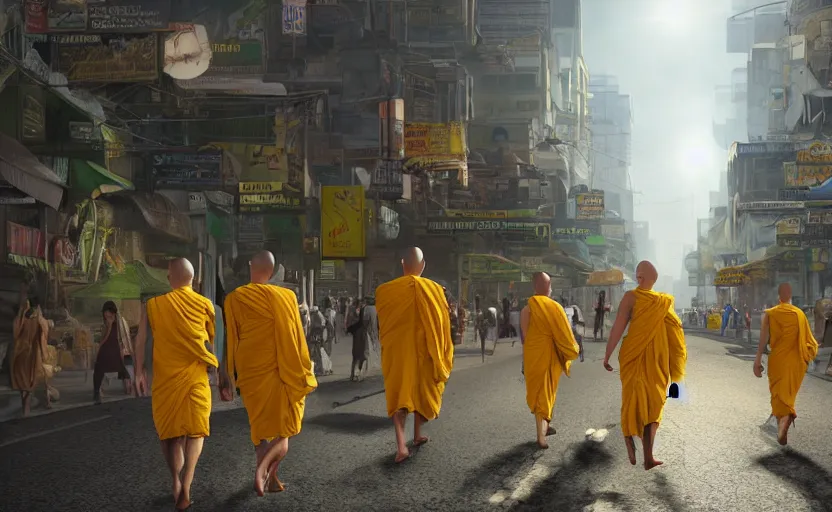 Image similar to In a future Bangkok, yellow-robed monks and huge elephants walk the streets of a bustling city under the hot sun ,by Jamie Jones and greg Rutlkowski ,hyperrealistic rendered in 4k, cinematic composition vray photorealistic focused lighting, HD