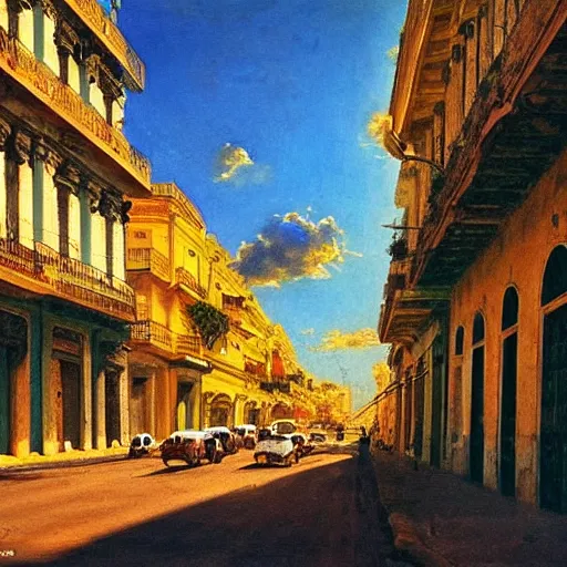 Image similar to Neo-Baroque painting of streets of Havana, Cuba, beautiful, diverse, golden hour