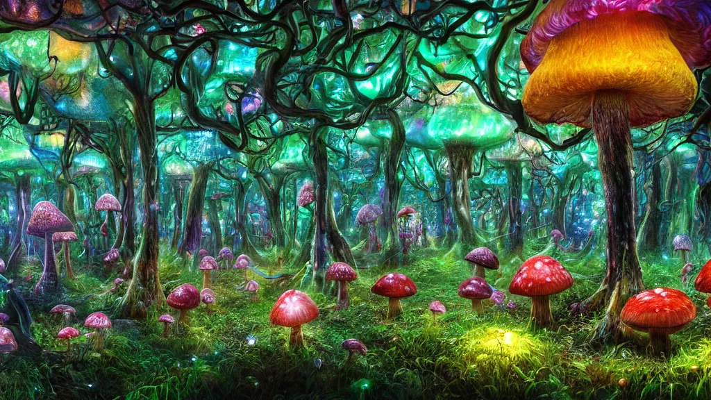 Image similar to exploring a mushroom forest, 8k, acid trip, hall of mirrors, ultra detailed, a hyperrealistic image of a mycelium forest with neon glowing mushrooms, with magical creatures, by tian gan, trending on patreon, artstation, deviantart. Unreal engine